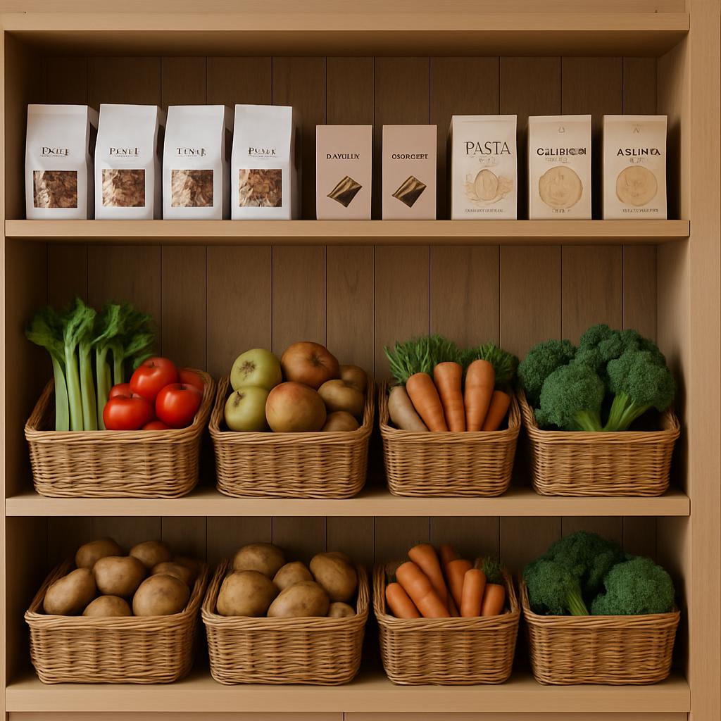 Large pantry shelves stocked with a variety of produce and number of producers-caption.