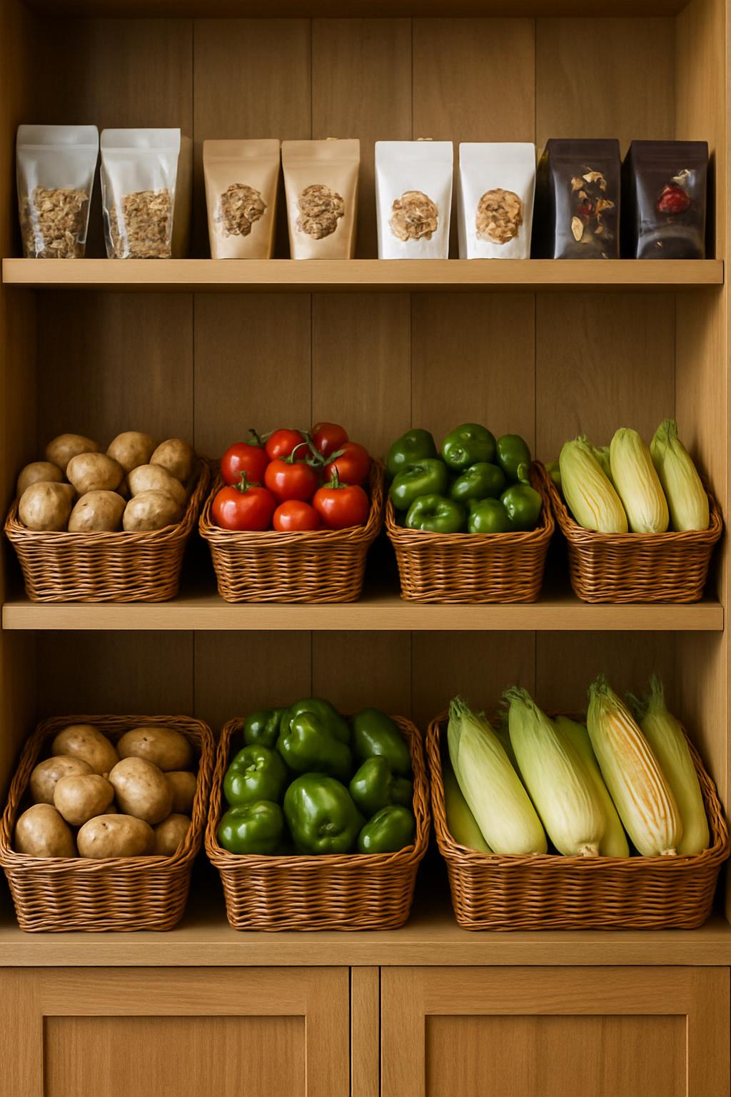 A wooden storage cabinet stocked with baskets of fresh produce and unopened pouches.