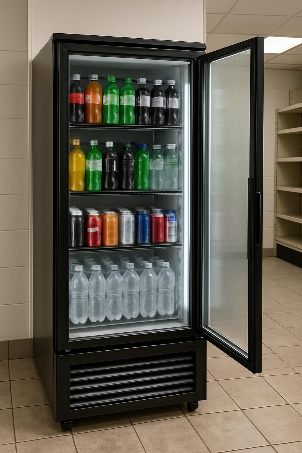 The image features a black upright refrigerator with its door open, revealing a well-organized interior containing various...