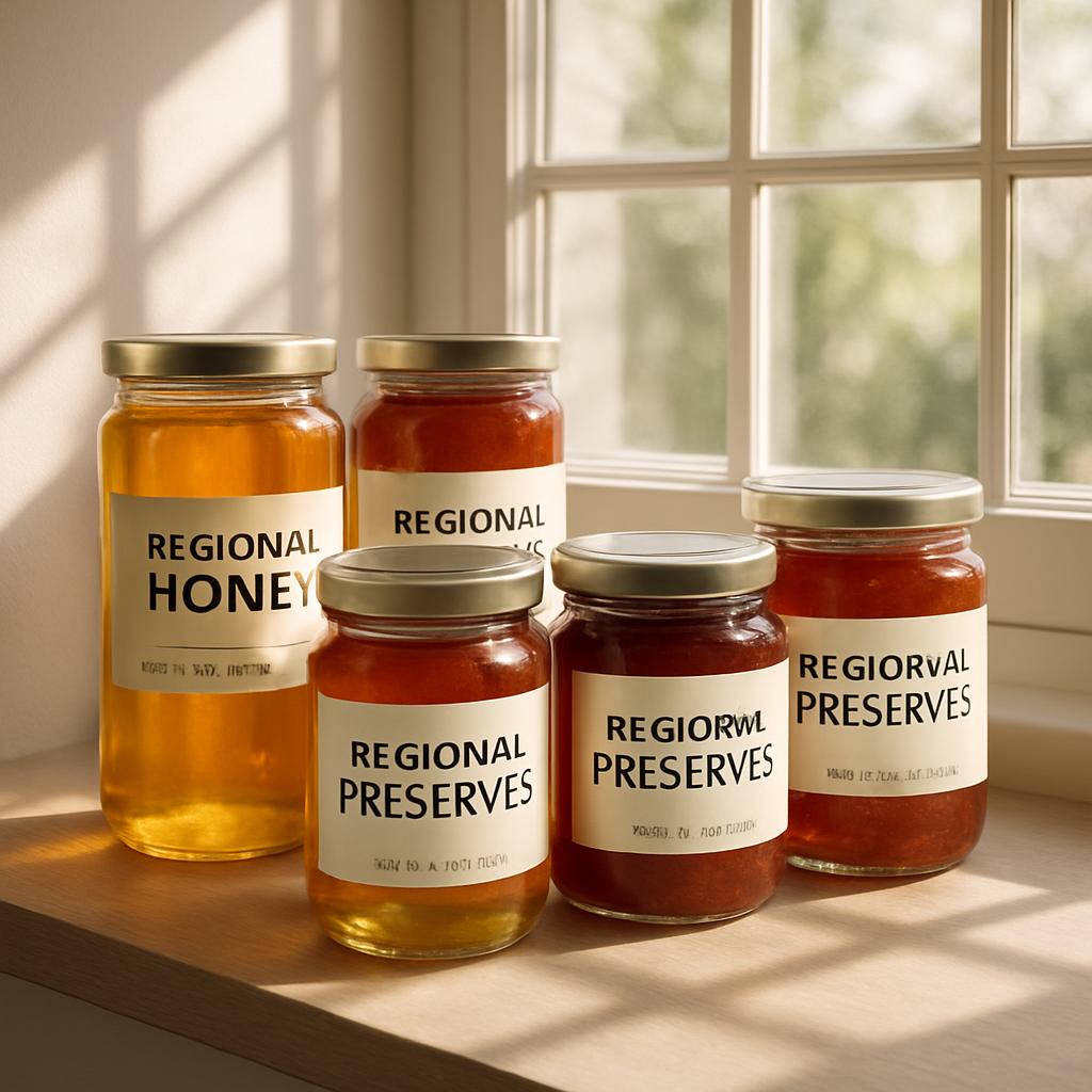 The three types of canned goods on display are each presented in a unique glass jar, featuring silver metallic colored lid...