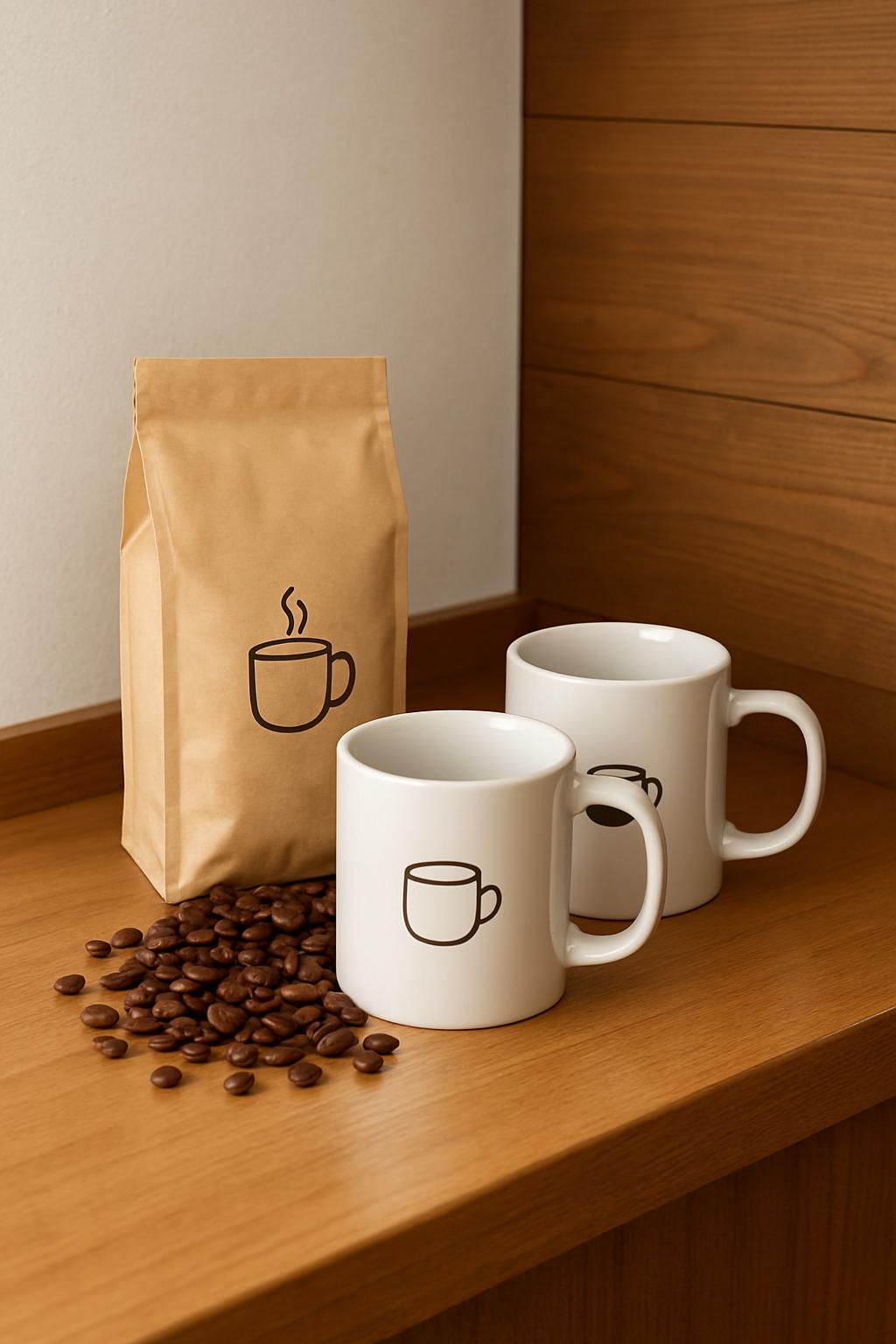Two white coffee mugs with a line art of a mug on a wooden table with a bag of coffee || A white bag of coffee sits in fro...
