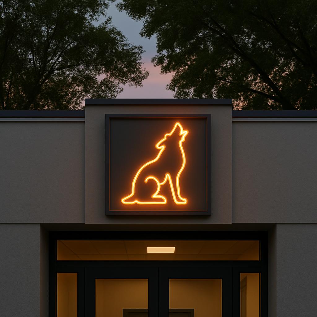 A brightly luminous illuminated neon sign of an illuminated sitting wolf howling in the sky, adorning an entrance to a sto...